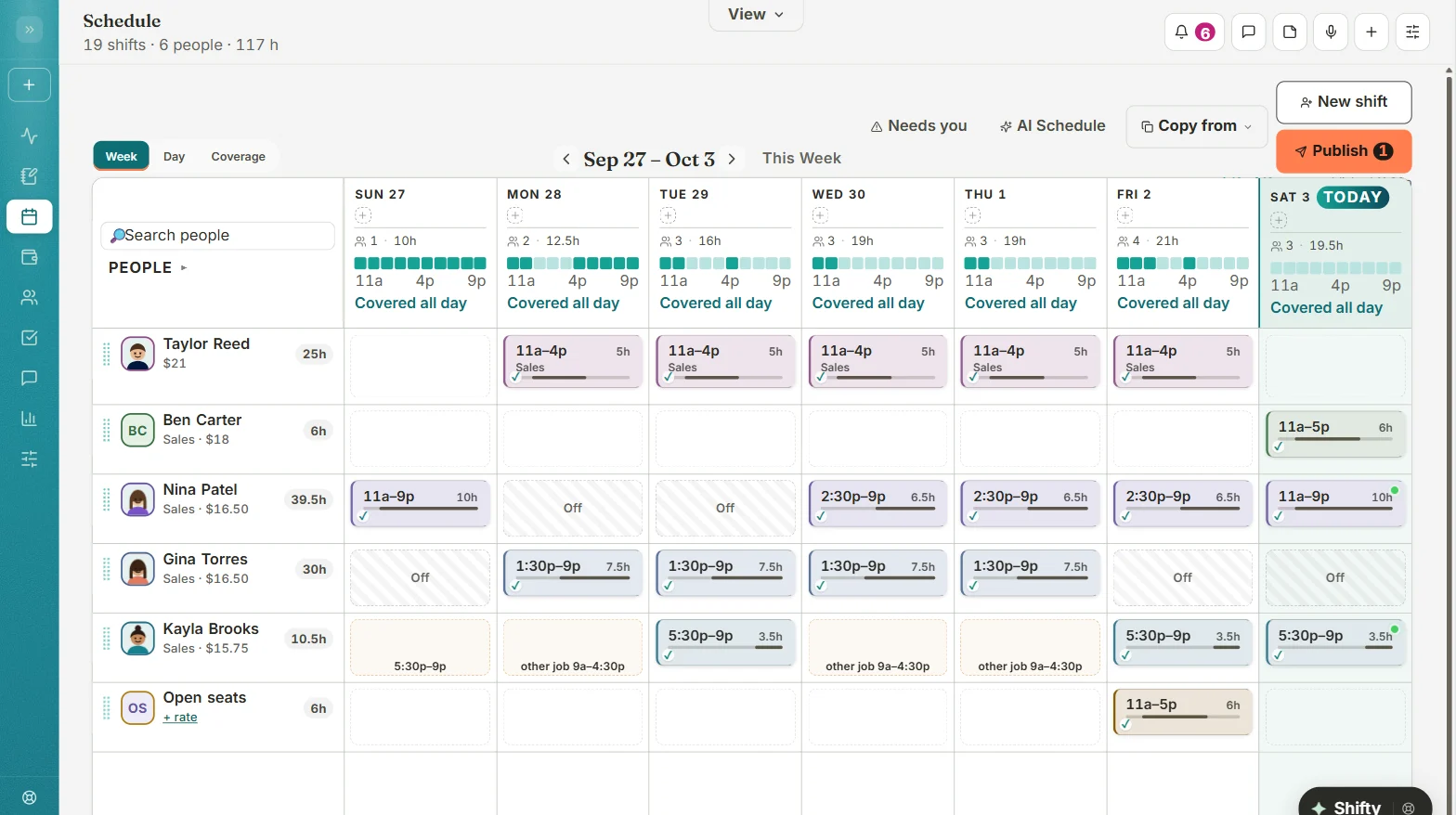 The Teamagogo schedule on a computer: a week of shifts per person, coverage for every day, and a Publish button