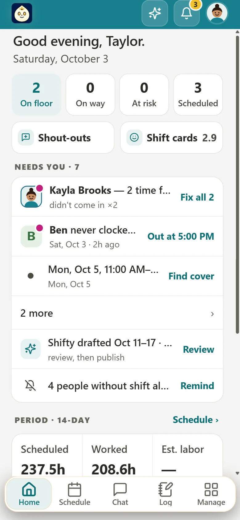 Teamagogo on a manager's phone: who's on the floor, who's on the way, and what needs them today