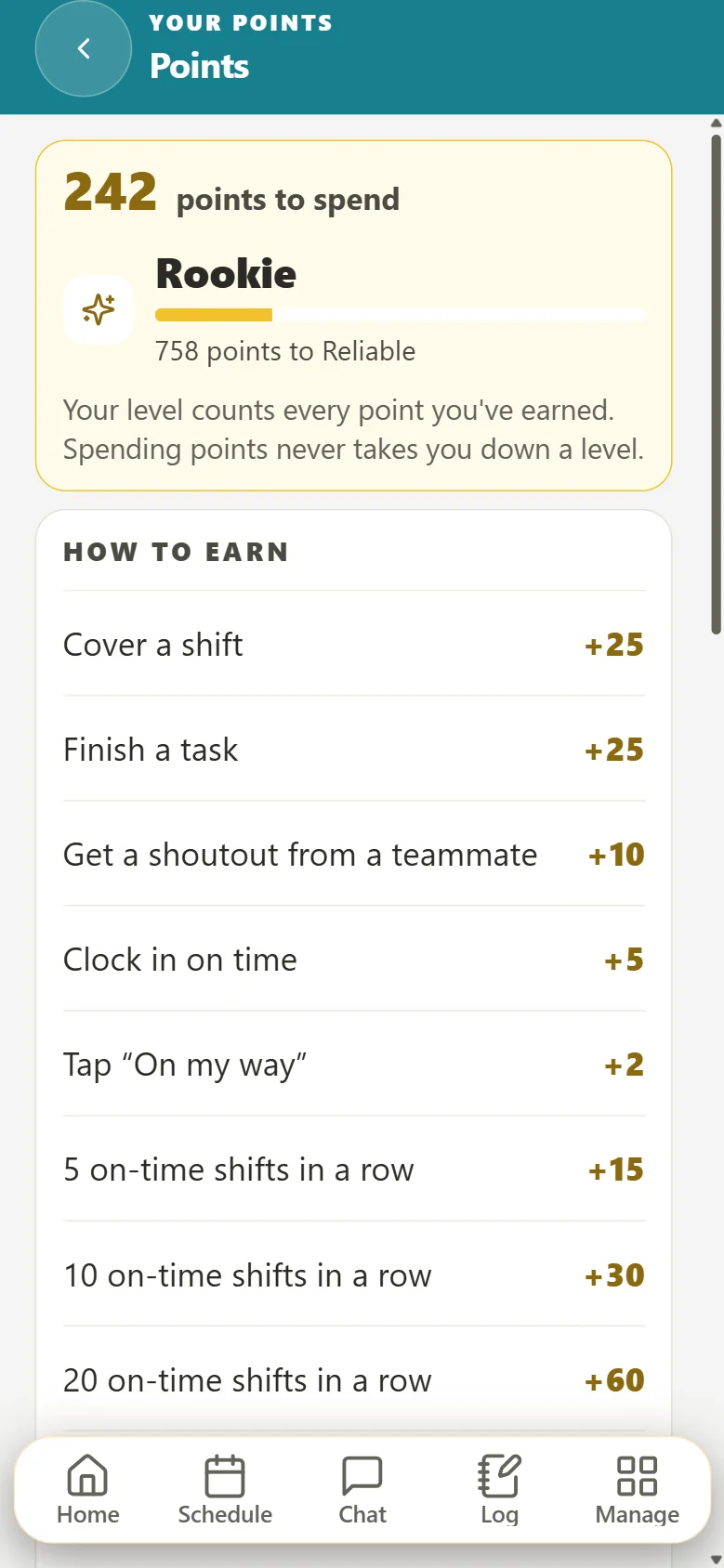 Points on a phone: points to spend, a level with progress, and what earns points, like covering a shift or finishing a task