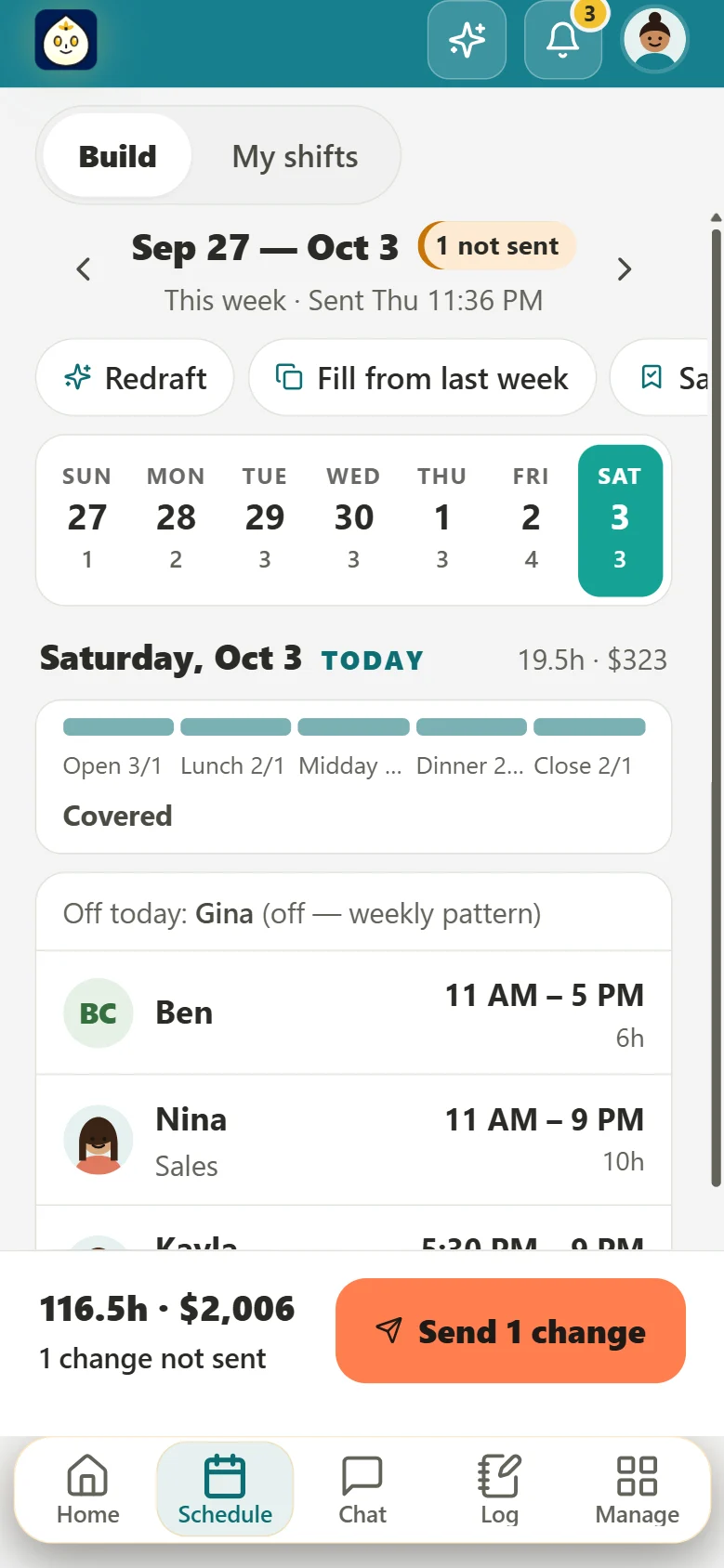 Building the week on a phone: each day's coverage, who's on, the week's hours and cost, and Send