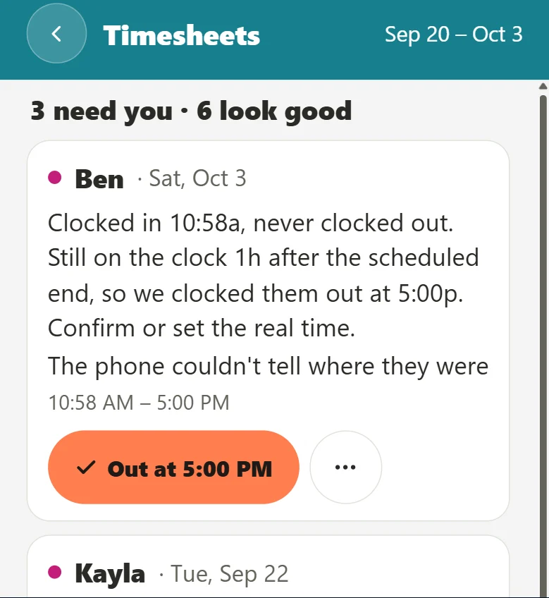 Timesheets on a phone: a missed clock-out explained in plain words, with the fix one tap away
